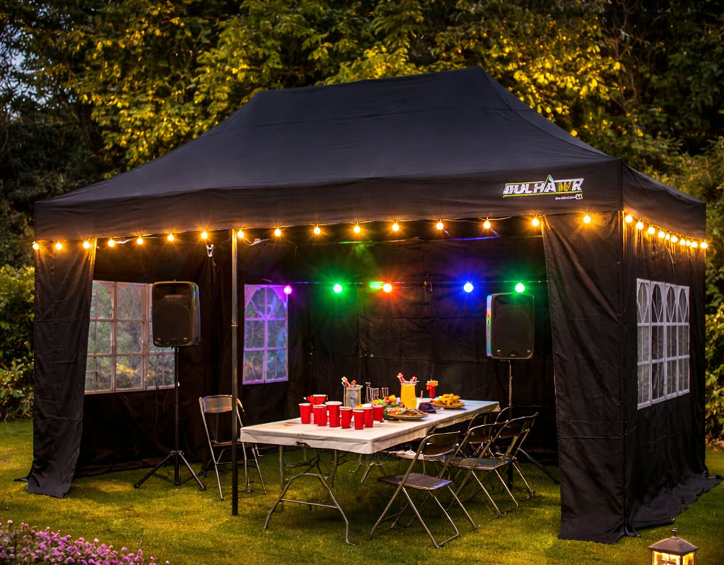 Party tent glowing with colourful event lights