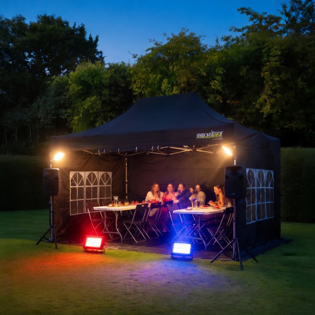 Black party tent lit for an evening event